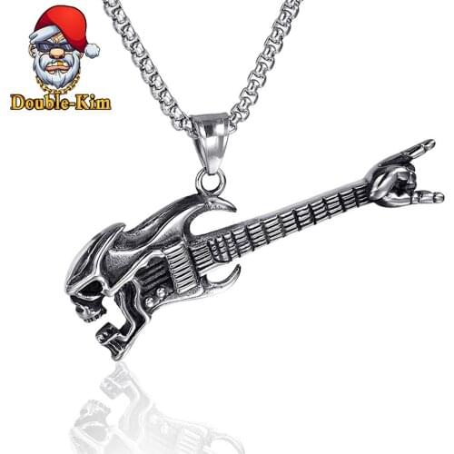 Rock Skull Guitar Pendant Necklace Men Hip-Hop RAP Street Culture Stainless Steel Silver Color Chain Necklace Men Trend Jewelry