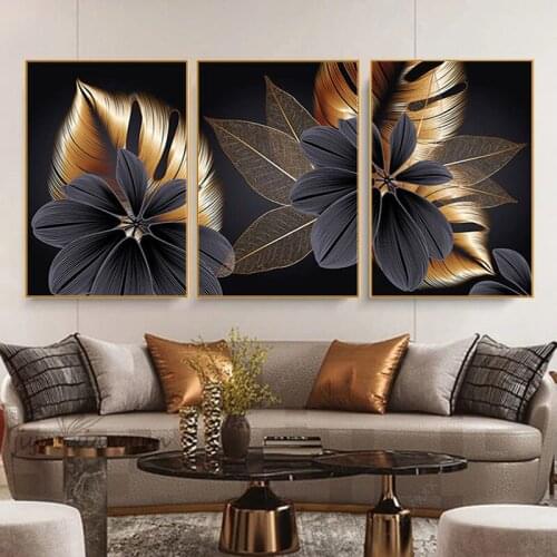 Black Golden Plant Leaf Canvas Poster Print Modern Home Decor Abstract Wall Art Painting Nordic Living Room Decoration Picture