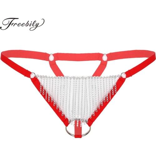 Mens Metal Chain Tassel Crotchless Panties Lace Bulge Pouch Thongs Low Rise Elastic Waistband T-back Fringed G-string Underwear