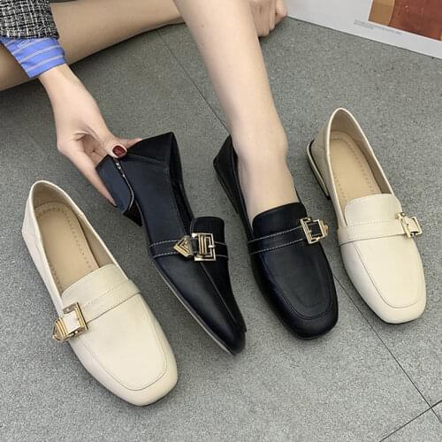 Spring Autumn Woman Leather Shoes Square Toe Buckle Loafers Oxford Shoes Female Flats Black Mules Low Heels Casual Shoes
