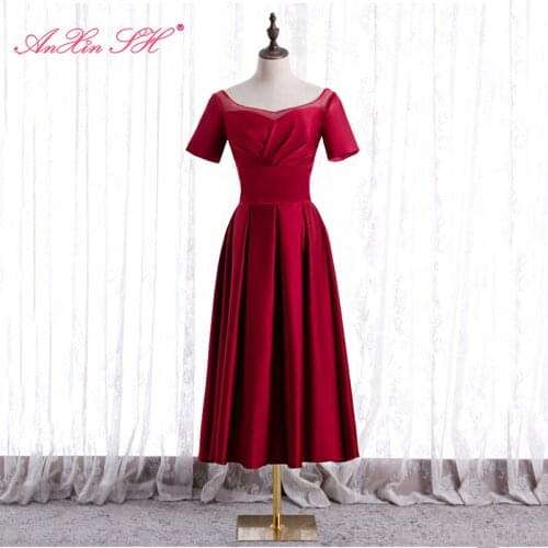 AnXin SH princess wine red satin evening dress vintage party o neck short sleeve a line bride lace up host evening dress