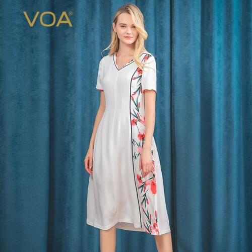 VOA Pure White 40m/m Heavyweight Silk Begonia Printed Peach Collar Dark Blue Crimping Crisp Vertical Pendant Dress A10668
