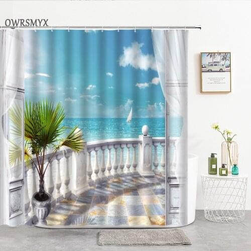 Windowsill Balcony Ocean Scenery Shower Curtains Home Bathroom Decorative Curtain Photography Background Cloth Bathroom Products