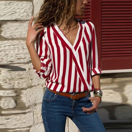 Casual Striped T Shirts V Neck Long Sleeve Tops Women Female Office Lady Shirt Clothes Blusas Camisa