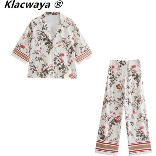 Klacwaya 2021 WomanVintage Shirts Suit Fashion Printing Short sleeve Shirt Top+Female High Waist Wide Leg Pants Casual Sets