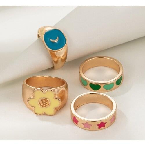 Women Luxury Gold Color Flower Star Ring Enamel Thick Ring Size Colorful Spring Fine Lucky Jewelry Heart Moon Rings For Gift