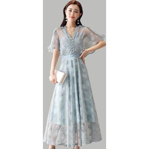 Lace dress women 2019 Summer new temperament vintage Long dress Solid color V-Neck Butterfly Sleeve Ankle-Length dress women