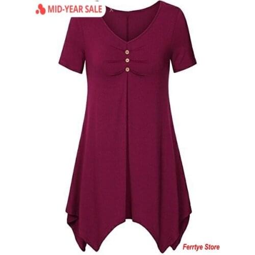 Sexy V-neck Solid Color Plus Size Tops Blouse Dress 2020 New Womens Fashion Short Sleeve Handkerchief Hem Tunic Tops Ladies