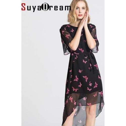 Women Belted Dress 100%Real Silk Butterfly Pattern Printed Dresses Casual Dress For Women 2019 Fall Winter New Black Dress