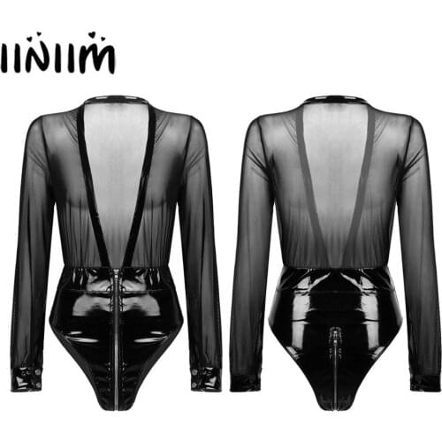 Womens Femme Sheer Mesh Wetlook Leather Patchwork Lingerie Dancing Clubwear Plunging Long Sleeves Double-ended Zipper Bodysuit
