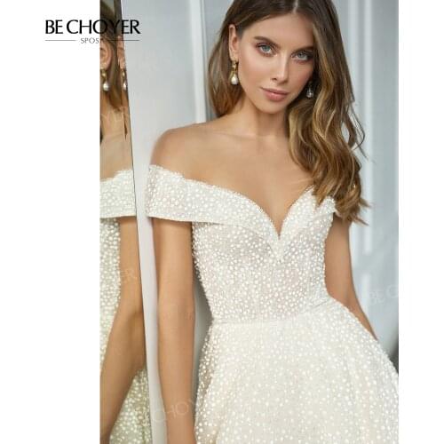 Fashion Beaded Wedding Dress 2021 Sweetheart Off Shoulder A-Line Bride Gown Princess Court Train BECHOYER AK26 Vestido De Noiva