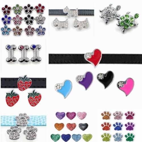 Mixed designs 10pcs Slide Charms 8mm Rhinestone Flower Charms Can through 8mm Band 8mm Pet Dog Cat Tag Collar Wristband