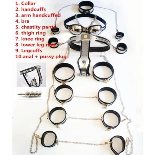 Stainless steel 11 pcs/set sex products female chastity belt slave collar hand ankle cuffs vagina anal plug bdsm bondage kit