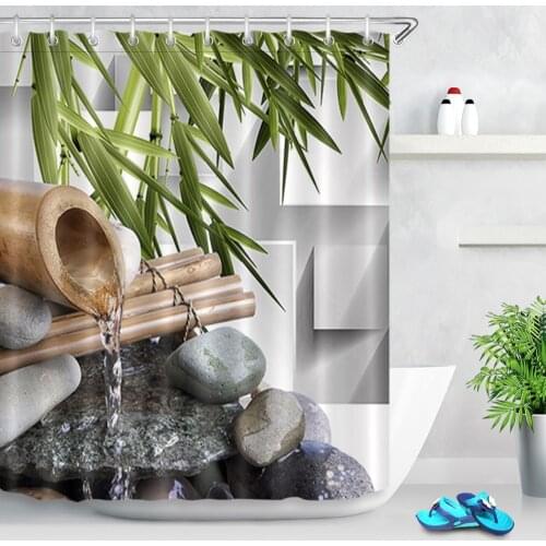 72''Asian Zen Spring Water Black Stones Shower Curtain Green Bamboo Polyester Fabric Bathroom Curtains for Bathtub Home Decor