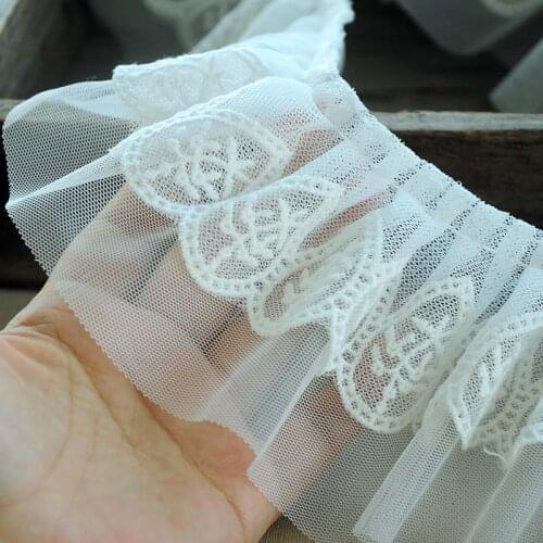 9cm 2m/lot Off White Sun Flower Embroidered Lace +mesh Pleated Lace Trim DIY Wedding Dress Decoration Material X694