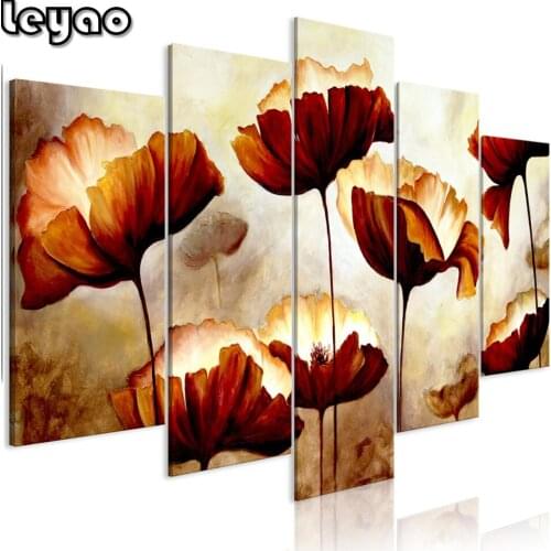 Poppies 5 pieces diamond painting Red Yellow Floral diamond embroidery multi-picture,5d diamond mosaic,full,square/round drill