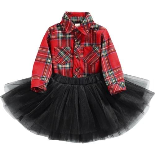 2021 0-3Y Fashion Kids Baby Girl Clothing Plaid Print Pockets Long Sleeve Shirt Top+Black Tulle Tutu Skirt Spring Fall 2pcs Set