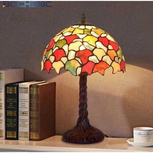 BOCHSBC Maple Stained Glass Table Lamp Tiffany Shade LED Bedside Lamps 12 Inch Bedroom Home Art Deco luminaria Retro desk Light