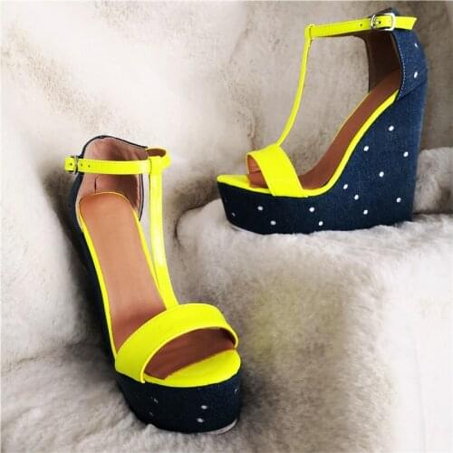 Wedges T-bar Sandals Woman Female+Shoes Platform One Strap Cut Out Open Toe Ankle Buckle Shoes Neon Color Summer Lady Sandals