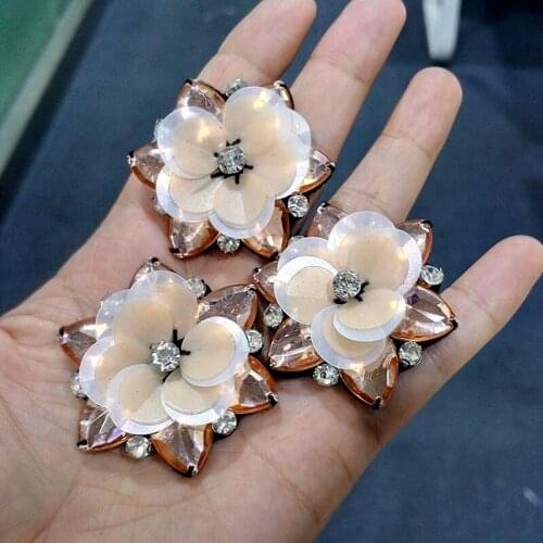 Beaded Rhinestone Pink Flower Patch for Clothes Sewing on Beading Appliques Bags Shoes Jackets Caft Decoration DIY Accessories