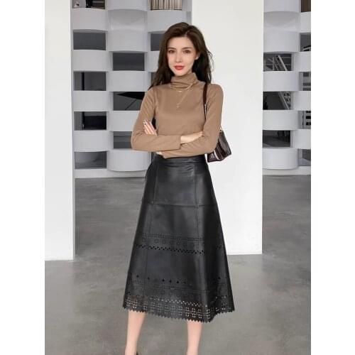 Long Skirts Womens 2021 New Korean Fashion High Waist A Line Real Sheepskin Leather Skirt And Top