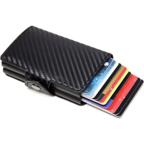 Double Aluminum Box Credit Card Holders Carbon fiber PU Leather RFID Metal Wallet Automatic Anti-theft Business ID Card Case