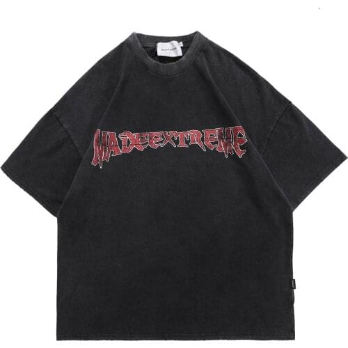 Mens new dark print T-shirt, worn retro washed old mens and womens short-sleeved gothic