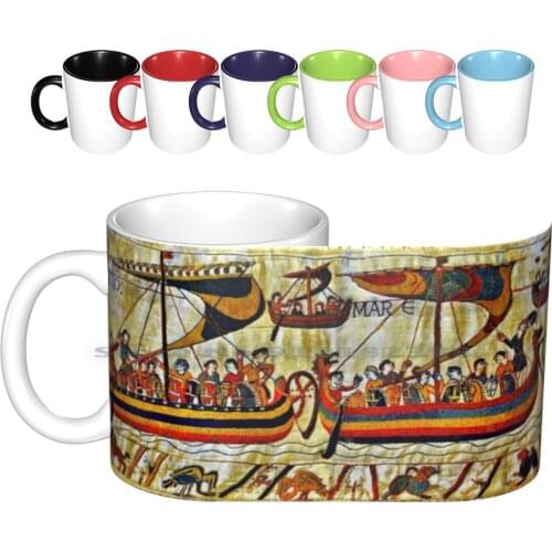 The Bayeux Tapestry , Viking Ships Ceramic Mugs Coffee Cups Milk Tea Mug Norman Ships Romanesque Antique Embroidered Bayeux