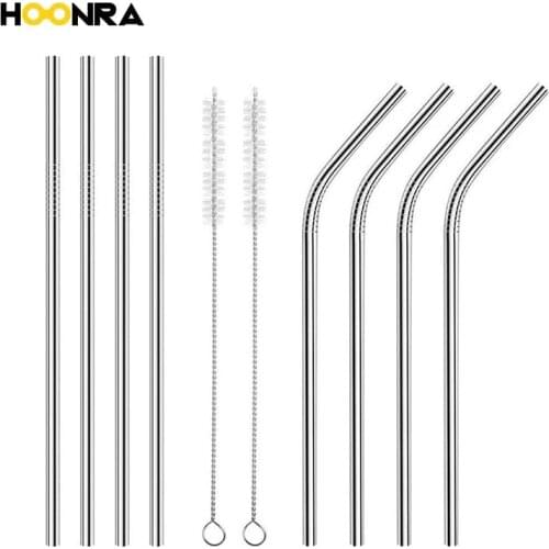 HOONRA 4/6Pcs Drinking Straws Reusable Stainless Steel Straws Set Bent Metal Straw With Cleaner Brush Big Bar Accessories