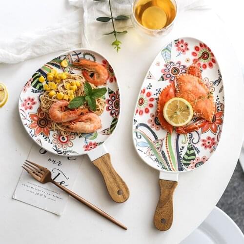 Ceramic Dinner Plate Dish Nordic Steak Salad Tray with Wooden Handle Creative Flower Plates Food Dishes Drop Shipping