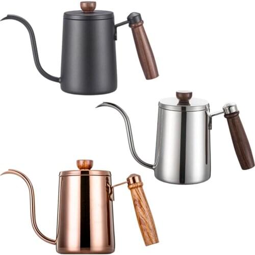 Stainless Steel Coffee Pot Gooseneck Pour Over Pot Wooden Handle Anti-scalding with Lid Flow Spout for Stovetops