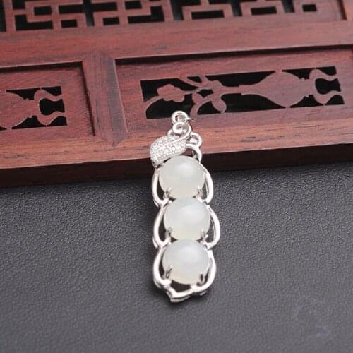 Natural Hetian Jade String Bean Pendant Female 925 Sterling Silver Inlaid White Jade Necklace Clavicle Chain Jade Pendant