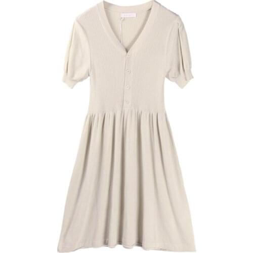 PERHAPS U Beige Black V Neck Short Sleeve Button Elegant Office Lady Mini Short Dress Knitted D1268