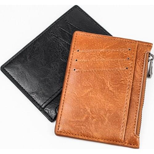 Men Zipper Coin Purse Vintage Wallet Simple Leather Credit Card Cover Cards Solid Color Bank ID Card Holder Artificial Card