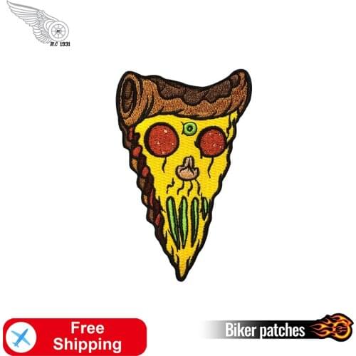 Pizza Skull Biker Patch Iron on for Clothes Embroidery Appliques Sewing Patches Cool Fashion Jackets Badge Punk Accessory