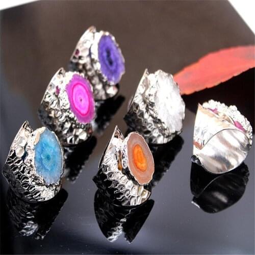 Wholesale 6pc/lot Natural stone Agates sun flower crystal dazzling color plating sliver wide irregular ring