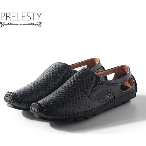 Prelesty Mens Casual Shoes Hollow Out Breathble Slip on Moccasins Handmade Genuine Cow Leather Classical Basic Vintage Dropship