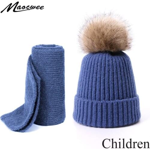 Faux Fur Pompon Beanie Hat Children Winter Wool Warm Cotton Hat Outdoor Solid Color Cap Knitted Skullies Beanies For Girls Boys