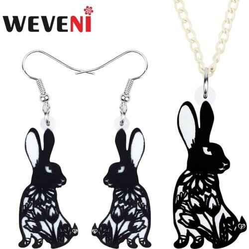 WEVENI Acrylic Black Easter Chinese Paper Cutting Rabbit Jewelry Sets Animal Earrings Necklace For Women Kids Girls Classic Gift