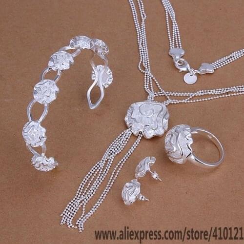 S325 Hot Sale High Quality Anniversary Jewelry Sets, Jewelry Elegant Charms Fashion Rose Ring Stud Earrings Bangle Necklace