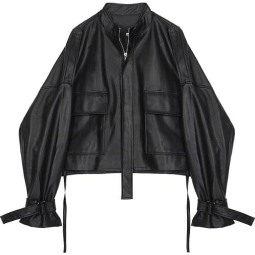 New Autumn New Drawstring Strap Long Sleeve Large Size Fashion Women Casual Up Leather Coat Loose Black Jacket