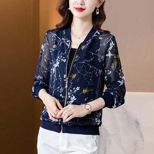 Fashion Summer Chiffon Flowers Women Outwear Bomber Long Sleeve Jacket Woman Female Baseball Zipper Plus Size Basic Sunscreen