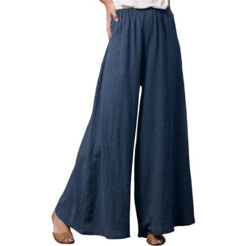 Summer Women Pants Plus Size Slacks Mid Rise Solid Color Wide Leg Pants Elastic High Waist Loose Long Pants Trousers