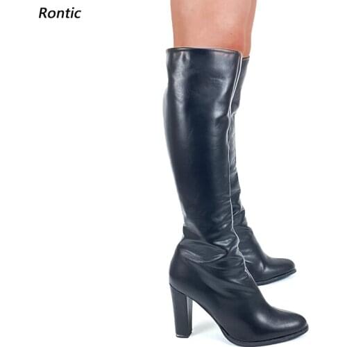 Rontic Women Classics Winter Knee Boots Unisex Side Zipper Block Heels Round Toe Elegant Black Casual Shoes US Size 5-20