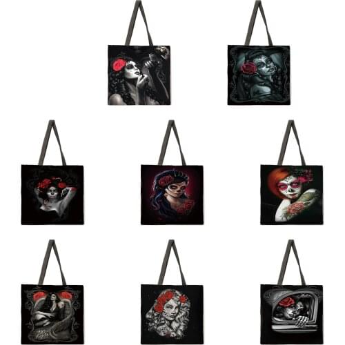 Ladies Shoulder Bags Linen Fabric Bag Skull Angel Girl Tote Bag Eco-friendly Shopping Bag Outdoor Foldable Beach Bag Leisure Tot