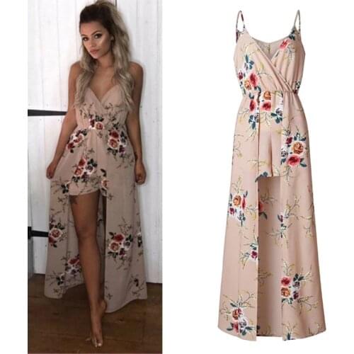 Women Bohemian V Neckline Dress Flower Print Sleeveless Irregular Beach Dress Womens V-neck Bohemian Flower Print Dress