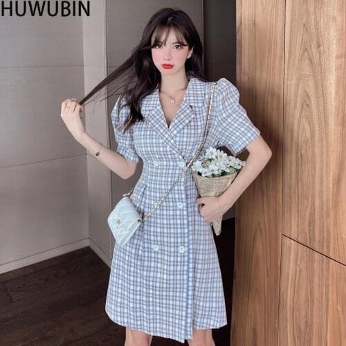 2021 Summer New Womens French Retro Chic Suit Collar Plaid Skirt Double Breasted Short Sleeve Avant-Garde Fashion Elegant Dress