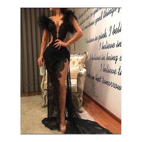 2021 Sexy V Neck Feather Formal Party Dress Women Lace Black Prom Dresses High Side Split Evening Gowns robes de cocktail