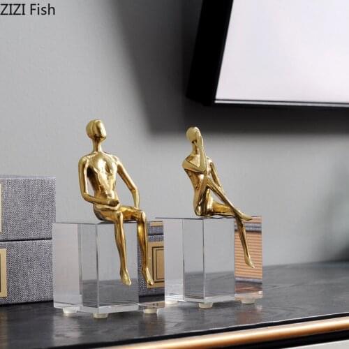 Golden Metal Portrait Statue Desktop Decor Ornaments Abstract Figures with Crystal Base Crafts Figurines Nordic Home Decoration