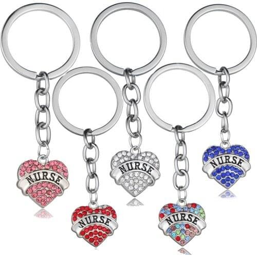 5PCs Nurse Keychain Crystal Rhinestone Love Heart Pendant Gifts For Nurse Key Ring Jewellery Key Chain Keyring Wholesale